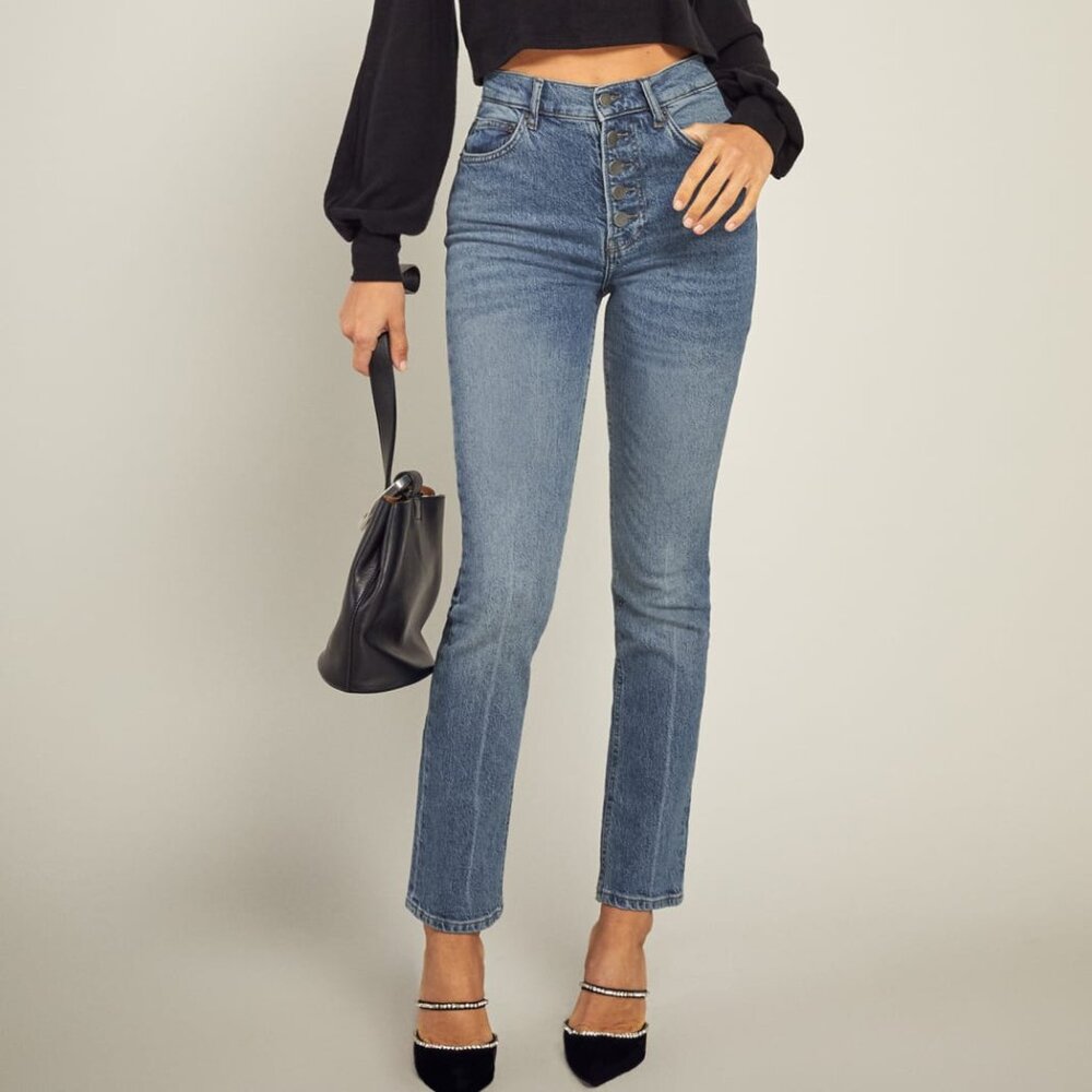 Reformation Liza Button Fly High Rise Straight Jeans, size 31